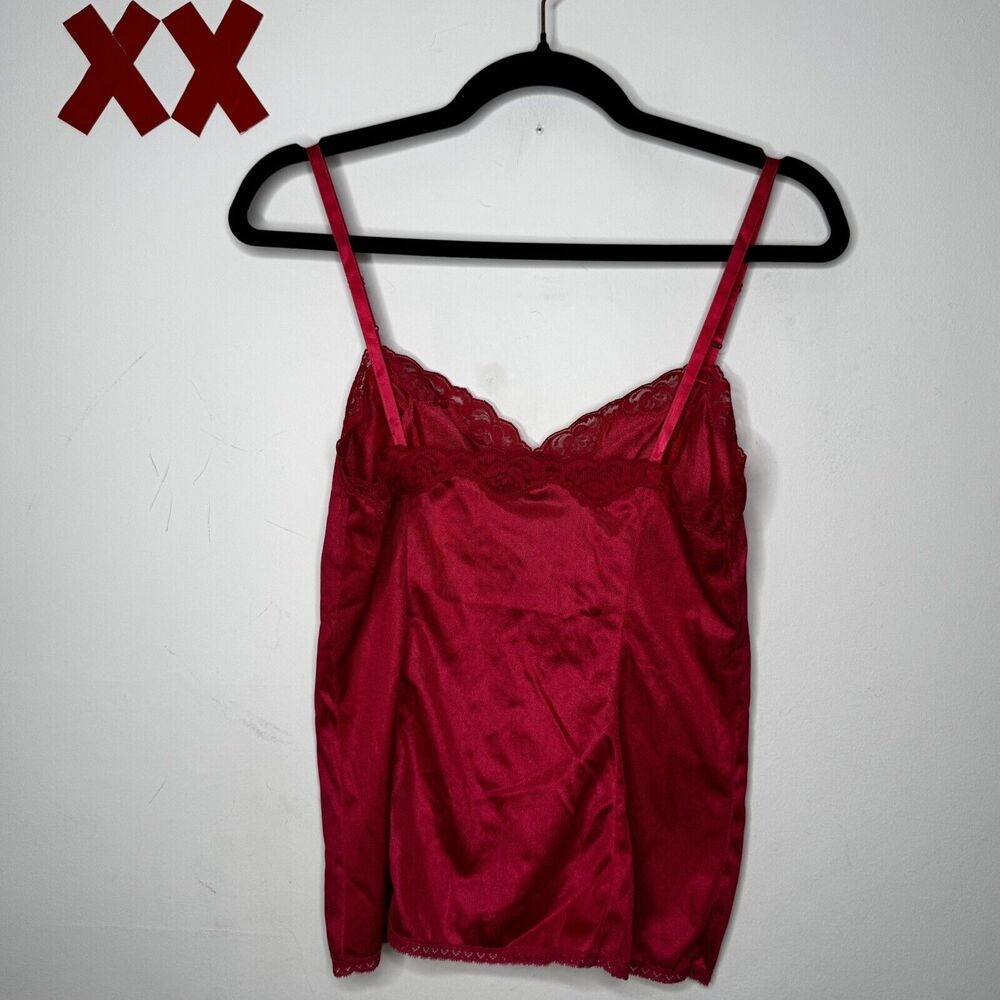 Vtg Cherry 🍒 Red Satin Cami Lace Babydoll Camisole Tank Top Grunge Whimsygoth M - Picture 2 of 3
